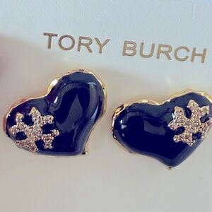 Tory Burch Gold and Black Heart Stud Earrings.